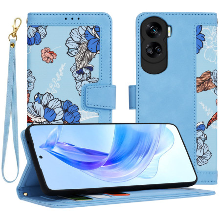 Husă FlipCraft pentru Honor 90 Lite - Protecție 360, Design Floral, Vibrant Blue