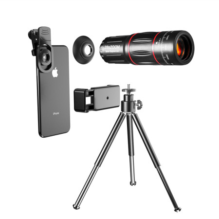 Set Kit Lentile camera pentru telefon, 28xZoom, HD Sticla Lantanida cu Tripod, Connection & E-Clip si Bag, Negru