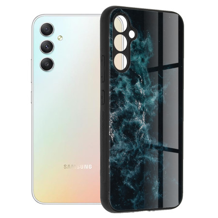 Husa telefon compatibila Samsung Galaxy A34, Glass Spate din Sticla Securizata, Blue Nebula