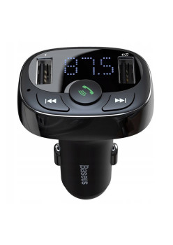 Modulator FM Baseus, Incarcare rapida, Functie de incarcator auto, T Typed, 2xUSB-A cu LED Display, Negru