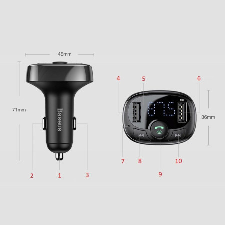 Modulator FM Baseus, Incarcare rapida, Functie de incarcator auto, T Typed, 2xUSB-A cu LED Display, Negru