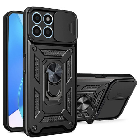 Husa telefon compatibila Honor X6a, protectie camera Slide and Snap Soft Premium, Magnetic Ring Holder, PopGrip, Anti-Shock, Negru