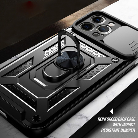 Husa telefon compatibila Apple iPhone 12 Pro Max, Slide & Snap Premium, Magnetic Ring Holder, PopGrip, Anti-Shock, Negru