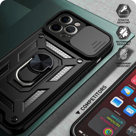 Husa telefon compatibila Apple iPhone 12 Pro Max, Slide & Snap Premium, Magnetic Ring Holder, PopGrip, Anti-Shock, Negru