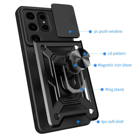 Husa telefon compatibila Samsung Galaxy S24 Ultra, protectie camera Slide/Snap Soft Premium, Magnetic Ring Holder, PopGrip, Anti-Shock, Negru