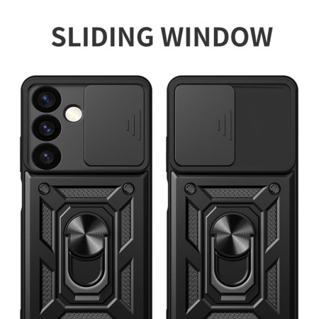 Husa telefon compatibila Samsung Galaxy S24, protectie camera Slide/Snap Soft Premium, Magnetic Ring Holder, PopGrip, Anti-Shock, Negru