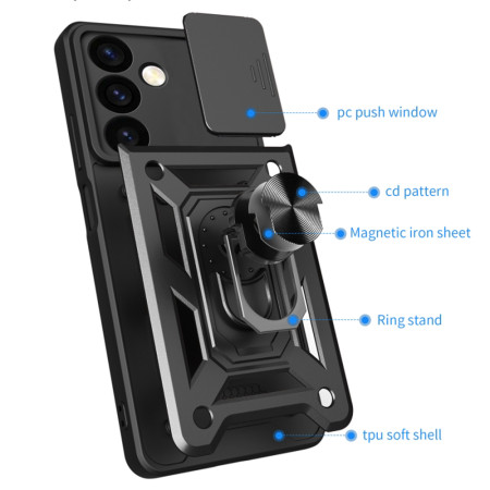 Husa telefon compatibila Samsung Galaxy S24 Plus, protectie camera Slide/Snap Soft Premium, Magnetic Ring Holder, PopGrip, Anti-Shock, Negru