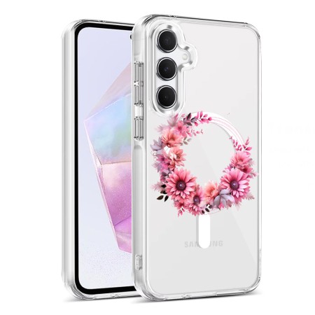 Husa pentru Samsung Galaxy A16, Atasare Magnetica, MagSafe, Pink Wreath 1, Clear