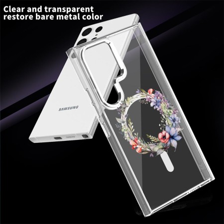 Husa pentru Samsung Galaxy S24 Ultra, Atasare Magnetica, MagSafe, Pink Wreath 16, Clear