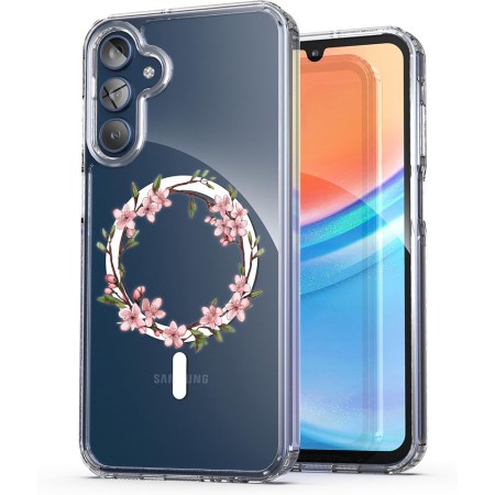 Husa pentru Samsung Galaxy A15 4G, Atasare Magnetica, MagSafe, Pink Wreath 13, Clear