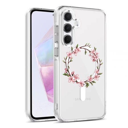 Husa pentru Samsung Galaxy A16, Atasare Magnetica, MagSafe, Pink Wreath 13, Clear