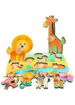 Puzzle Educativ Model Animale din Jungla, Montessori din Lemn, 0-3 Ani, 9 Piese, Multicolor