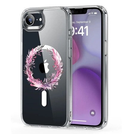 Husa pentru iPhone 16e, Atasare Magnetica, MagSafe, Pink Wreath 5, Clear