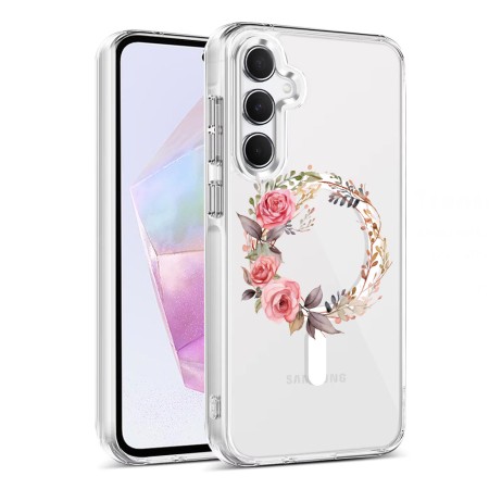 Husa pentru Samsung Galaxy A55 5G, Atasare Magnetica, MagSafe, Pink Wreath 7, Clear