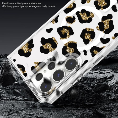 Husa pentru Samsung Galaxy S25 Ultra, Atasare Magnetica, MagSafe, Leopard Gold Glitter, Clear