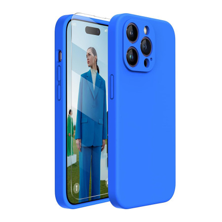 Husa Silicon pentru Iphone 16 Pro Max cu Folie, Liquid, Protectie PRO Camera, Albastru