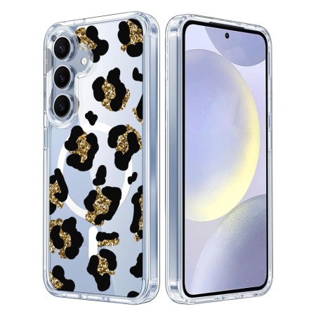 Husa pentru Samsung Galaxy S25, Atasare Magnetica, MagSafe, Leopard Gold Glitter, Clear