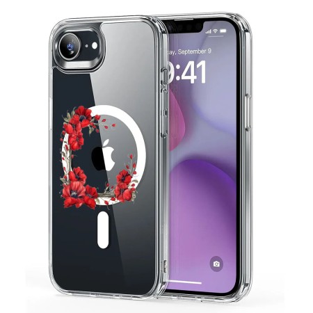 Husa pentru iPhone 16e, Atasare Magnetica, MagSafe, Pink Wreath 4, Clear