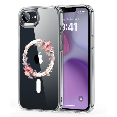 Husa pentru iPhone 16e, Atasare Magnetica, MagSafe, Pink Wreath 8, Clear