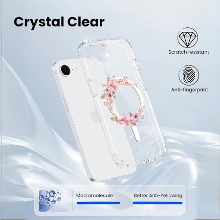 Husa pentru iPhone 16e, Atasare Magnetica, MagSafe, Pink Wreath 2, Clear