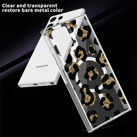 Husa pentru Samsung Galaxy S25 Ultra, Atasare Magnetica, MagSafe, Leopard Gold Glitter, Clear