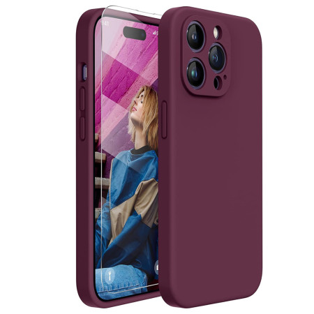 Husa Silicon pentru Iphone 16 Pro Max cu Folie, Liquid, Protectie PRO Camera, Bordo