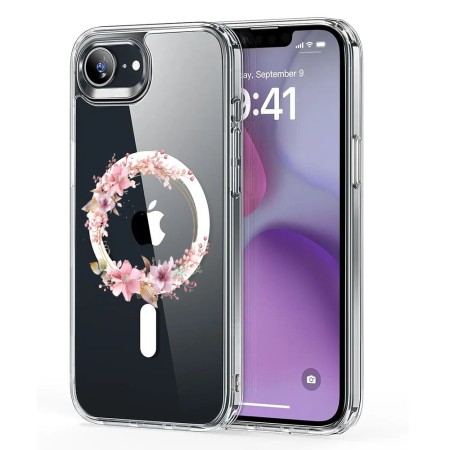 Husa pentru iPhone 16e, Atasare Magnetica, MagSafe, Pink Wreath 2, Clear