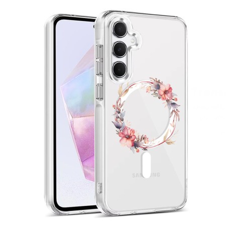 Husa pentru Samsung Galaxy A55 5G, Atasare Magnetica, MagSafe, Pink Wreath 8, Clear