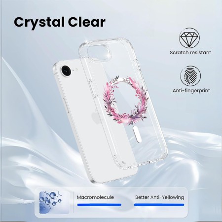 Husa pentru iPhone 16e, Atasare Magnetica, MagSafe, Pink Wreath 5, Clear