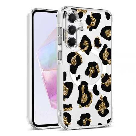 Husa pentru Samsung Galaxy A35 5G, Atasare Magnetica, MagSafe, Leopard Gold Glitter, Clear