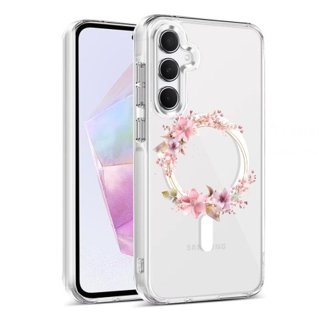 Husa pentru Samsung Galaxy A35 5G, Atasare Magnetica, MagSafe, Pink Wreath 2, Clear