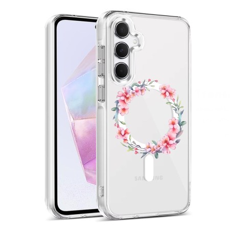 Husa pentru Samsung Galaxy A55 5G, Atasare Magnetica, MagSafe, Pink Wreath 3, Clear