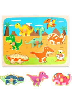 Puzzle Educativ Model Dinozauri, Montessori din Lemn, 0-3 Ani, 8 Piese, Multicolor