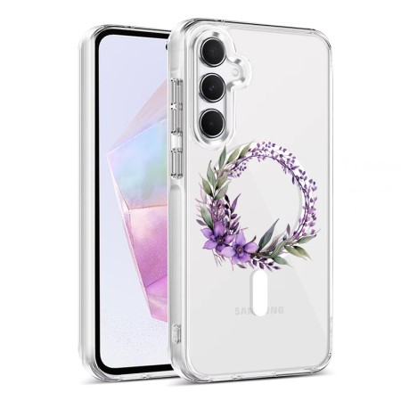 Husa pentru Samsung Galaxy A35 5G, Atasare Magnetica, MagSafe, Pink Wreath 10, Clear