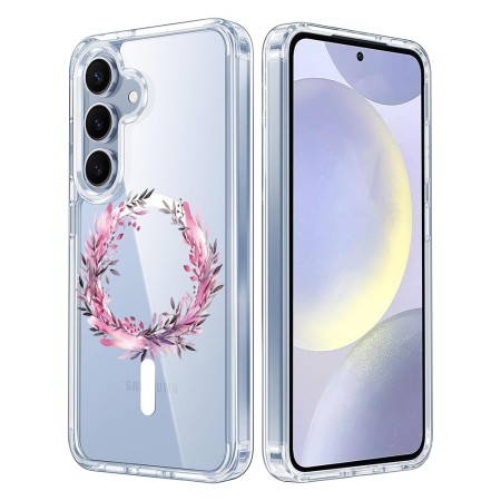 Husa pentru Samsung Galaxy S25, Atasare Magnetica, MagSafe, Pink Wreath 5, Clear