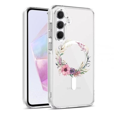 Husa pentru Samsung Galaxy A35 5G, Atasare Magnetica, MagSafe, Pink Wreath 20, Clear