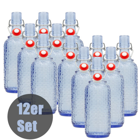 Set 12 sticle culoare Albastru Transparent, volum 0,5l, cu inchidere cu clema metalica, dop cu garnitura, reutilizabile dupa spalare, import Germania