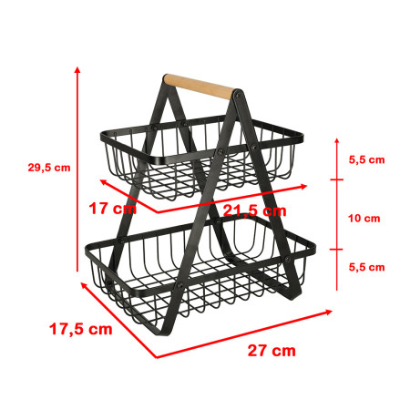 Cos de fructe pliabil, lemn + metal, doua etaje, Negru