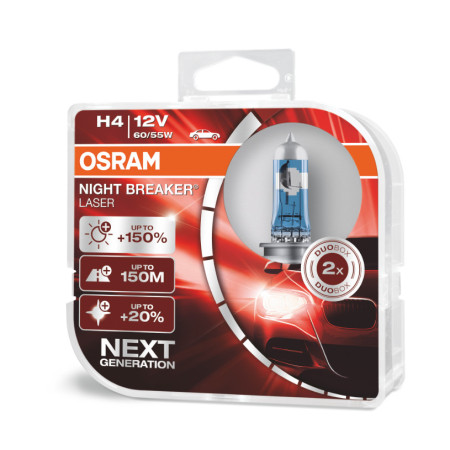Set 2 becuri halogen auto Osram H4 12V 60/55W P43t Night Breaker Laser +150%
