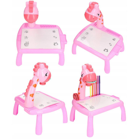 Masa Muzicala de Desen pentru copii cu Proiector, model Girafa, culoare Roz, 24 imagini, AVX-WT-222-2-PINK-GIRAFFE