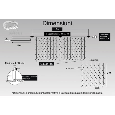 Instalatie Craciun, Tip Perdea, IP44, 2 m x 2 m, 240 LED-uri, Albastru, cu flash, Transformator cu telecomanda, Interconectabila, Prelungitor 5 m inclus, Fir transparent, Interior/ Exterior, Flippy