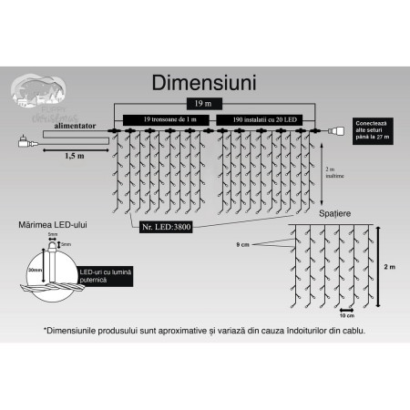 Instalatie Craciun Profesionala de Exterior IP65, Tip Perdea, 19m x 2m, 3800 Led-uri Mari, Alb rece, cu flash, Alimentator 1,5 m, Interconectabila, Fir negru, Flippy