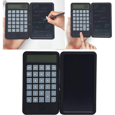 Calculator de Mana Reincarcabil cu Tabla de Scris, Flippy, Calculator Portabil, Ecran LCD, Afisaj cu 12 Cifre, Ecran de 15 cm, Culoare Negru