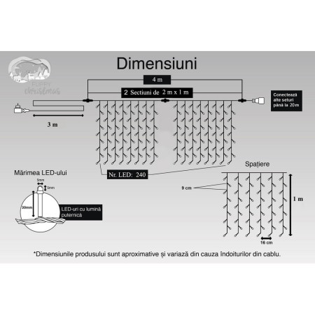 Instalatie Craciun, Tip Perdea, IP44, 4 m x 1 m, 240 LED-uri, Albastru, 8 jocuri de lumini, Transformator, Interconectabila, Prelungitor 3 m inclus, Fir transparent, Interior/ Exterior, Flippy