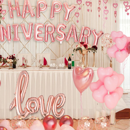 Set Baloane din Folie Metalizata, Flippy, Model Happy Anniversary, Litere de 40 cm, Baloane Party, Ambalaj Individual, Pai Inclus, Umflare cu Aer sau Heliu, Roz