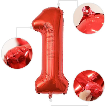 Balon din Folie Metalizata Flippy, Figurina Cifra, Tema Aniversare 100 cm, Ambalaj Individual, Pai inclus, Umflare cu Aer sau Heliu, Rosu, Cifra 1