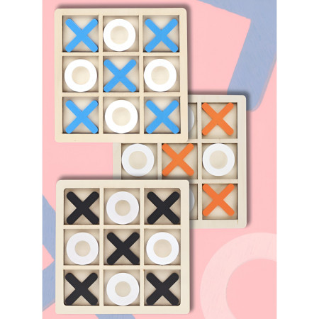 Jucarie Montessori Tic Tac Toe, Flippy, Educativa, Interactiva, din lemn, X si O, 9 Piese, 14.3x14.3 cm, Negru Alb