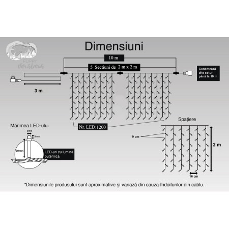 Instalatie Craciun, Tip Perdea, IP44, 10 m x 2 m, 1200 LED-uri, Alb rece, 8 jocuri de lumini, Transformator, Interconectabila, Prelungitor 3 m inclus, Fir transparent, Interior/ Exterior, Flippy