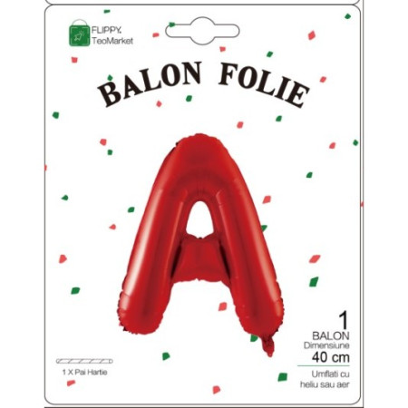 Balon Folie Metalizata Litera A, Flippy, 40 cm, Umflati cu Heliu sau Aer, Ambalaj Individual, Pai inclus, Rosu