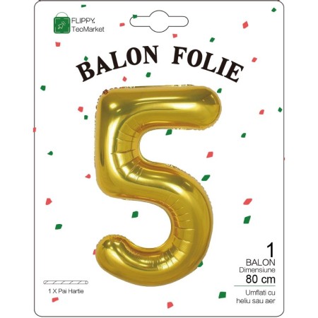 Balon din Folie Metalizata Flippy, Figurina Cifra, Tema Aniversare 80 cm, Ambalaj Individual, Pai inclus, Umflare cu Aer sau Heliu, Auriu, Cifra 5